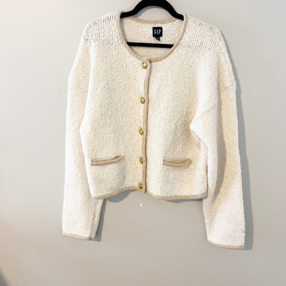 Gap Boucle Sweater lady jacket cardigan Chino White Gold Crest Button M Tall